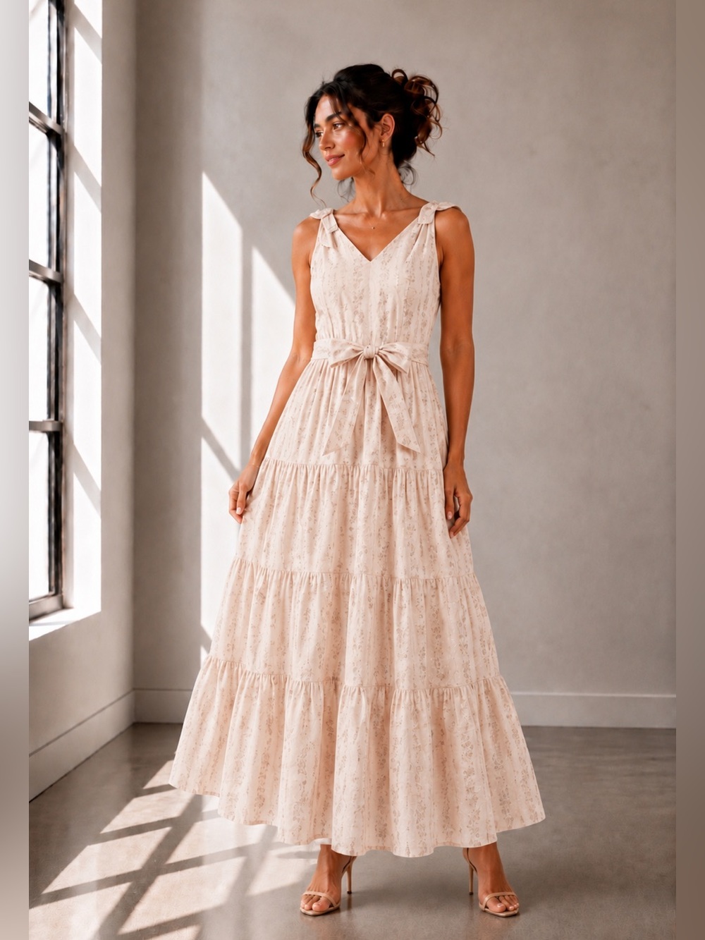 481. Blush Meadow Tiered Maxi Dress in cream/pink